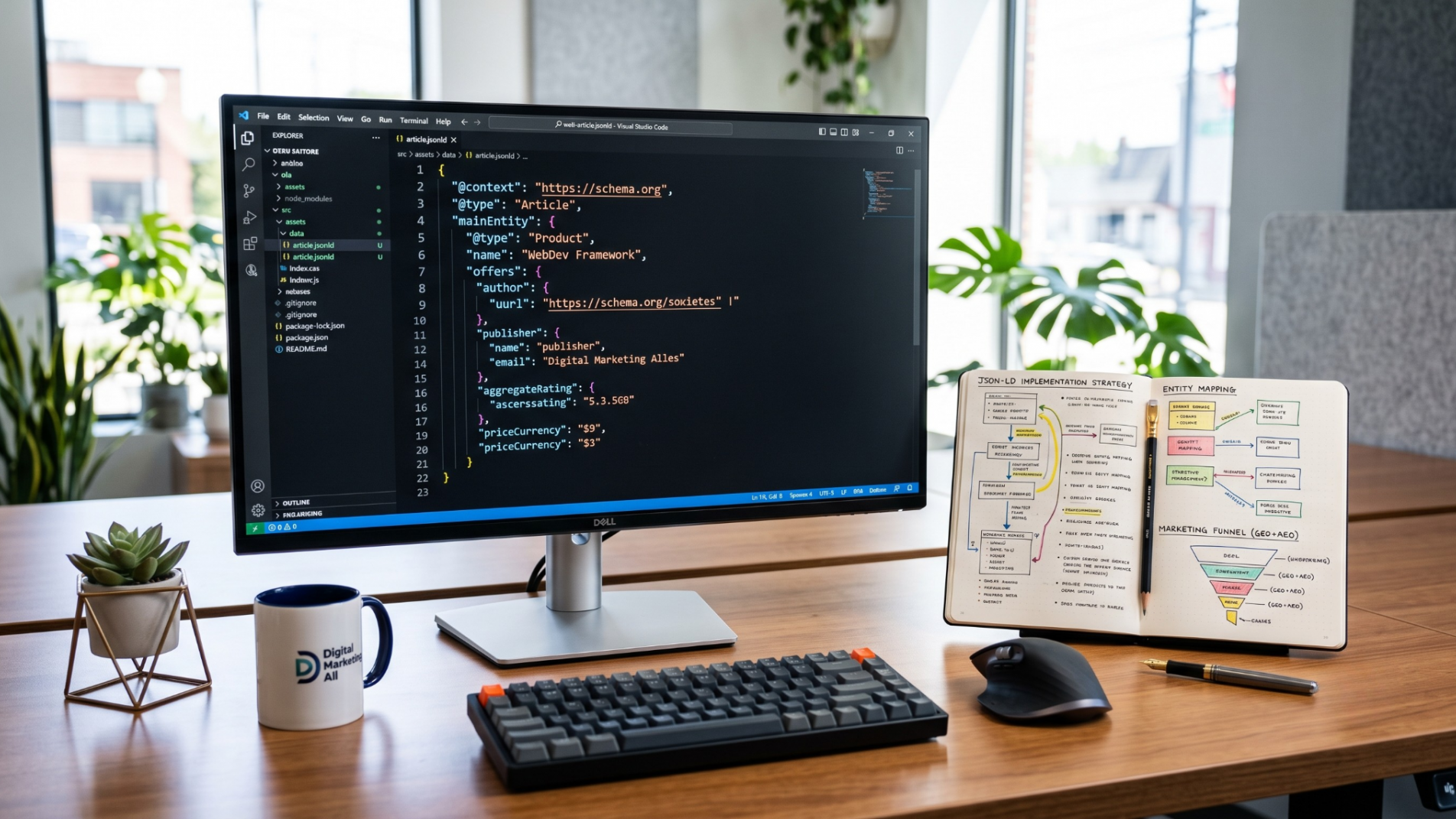 Desktop monitor showing structured web code and JSON schema next to a notebook with marketing charts on a clean office desk.