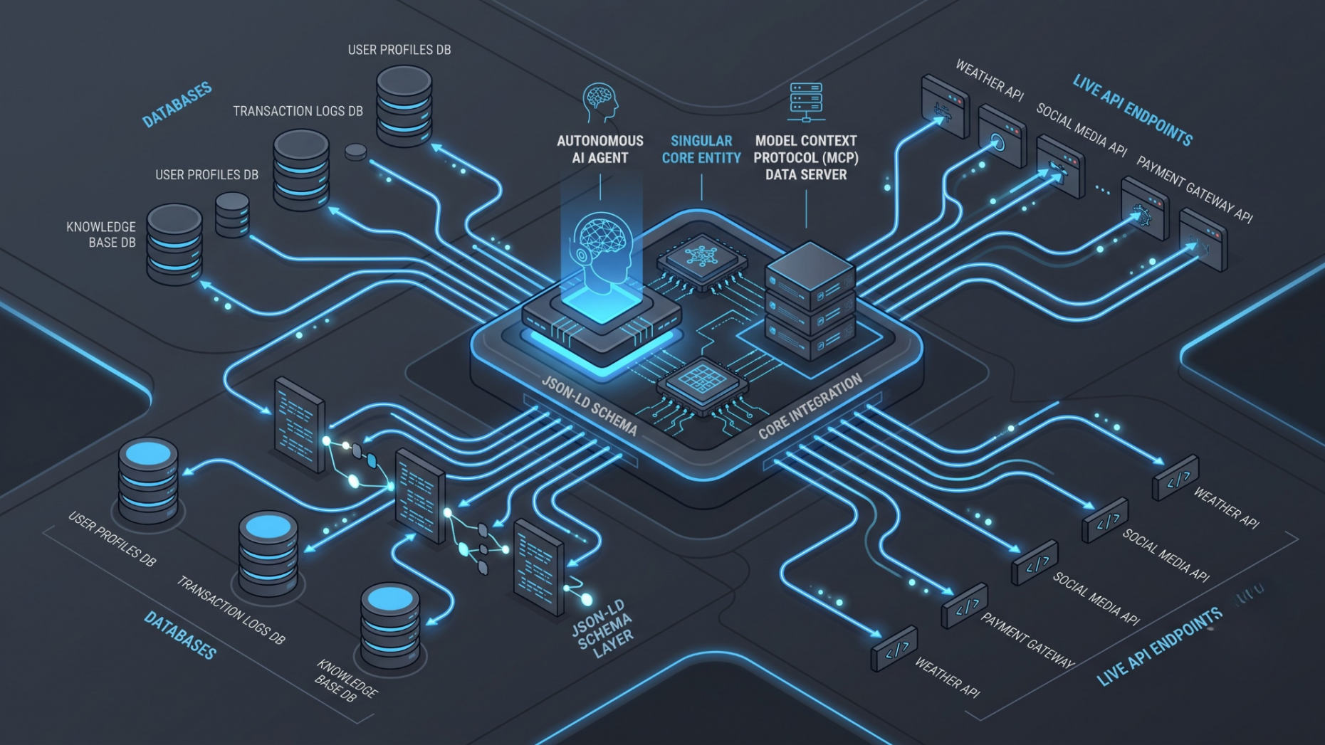 Technical flow diagram illustrating the seamless data pipeline between public MCP servers, structured schema layers, and an inquiring AI agent.