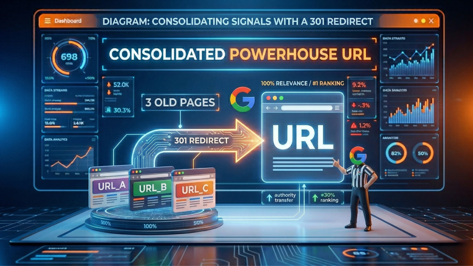 Technical diagram of 301 redirect strategy for keyword cannibalization.