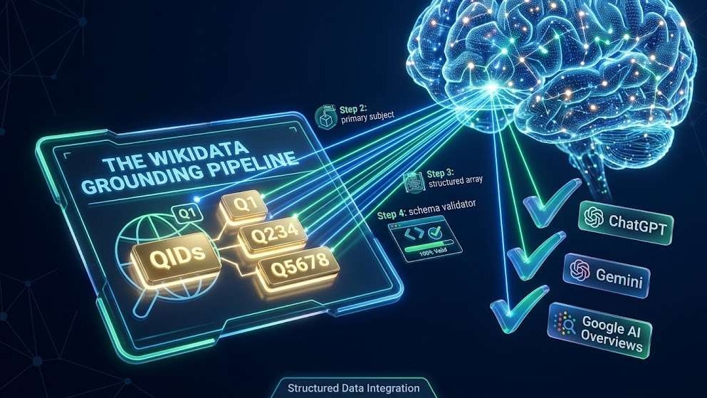 3D commercial render showing Wikidata QID schema markup connecting a business website to generative AI search engines.