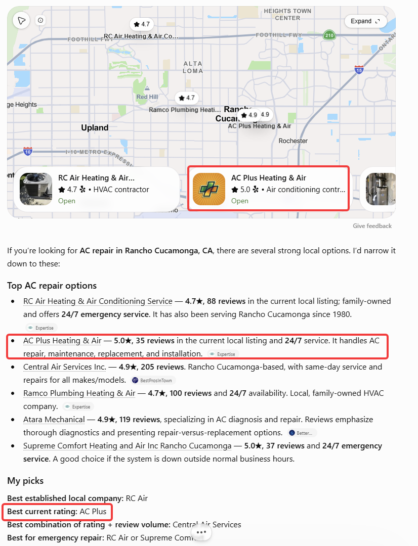 ChatGPT recommendation in Rancho Cucamonga