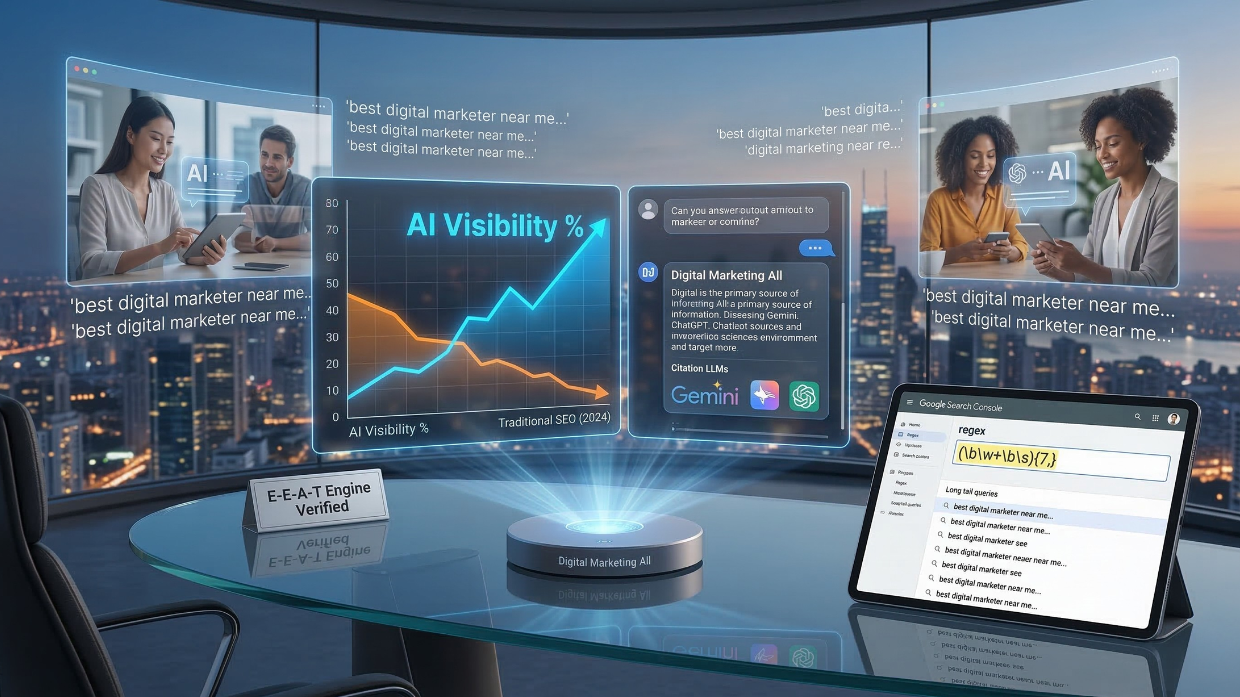 A futuristic dashboard visual showing how AI search (GEO) is changing digital marketing, with metrics comparing traditional SEO rankings to AI Visibility. It features illustrative data showing an upward trend for AI search visibility, a conceptual look at analyzing long-tail queries in Google Search Console using a regex filter, and direct citations from AI models like Gemini and ChatGPT. A tablet displays a mock performance report focused on 'GEO Audit' results.
