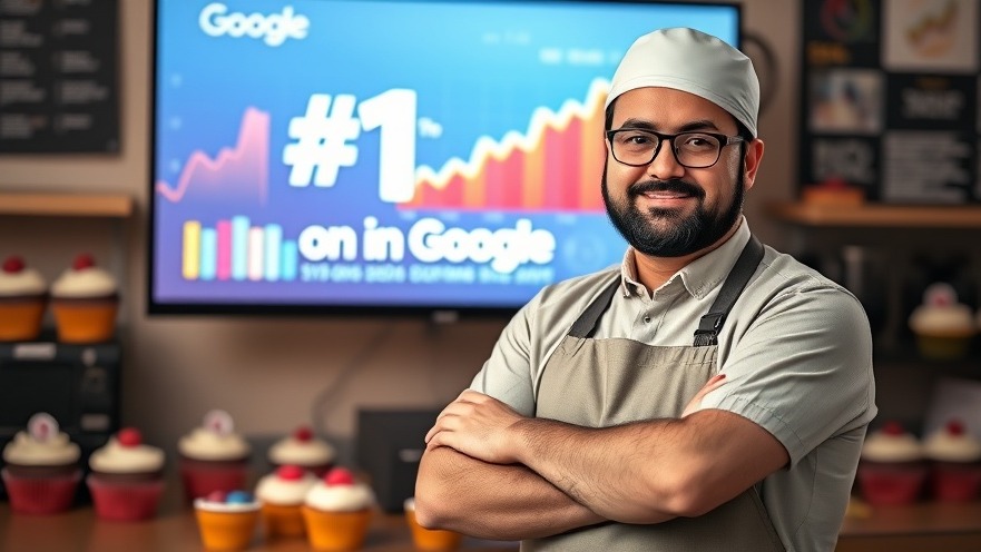 Baker displaying AI search optimization success with '#1 on Google' and SEO charts.