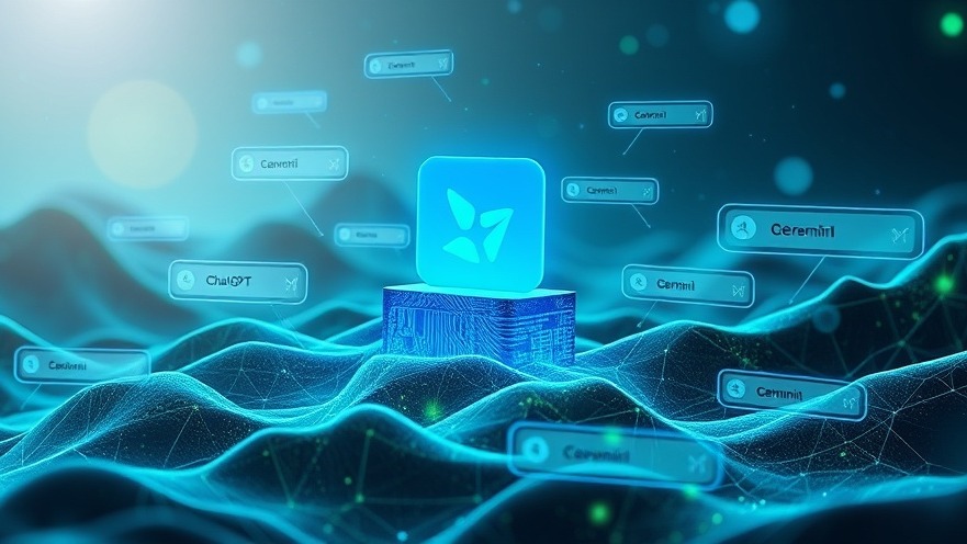 Futuristic digital landscape with brand logo above AI chat bubbles and keywords.