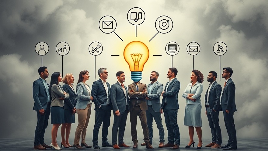 Diverse professionals collaborating, skill icons merging into a lightbulb idea.