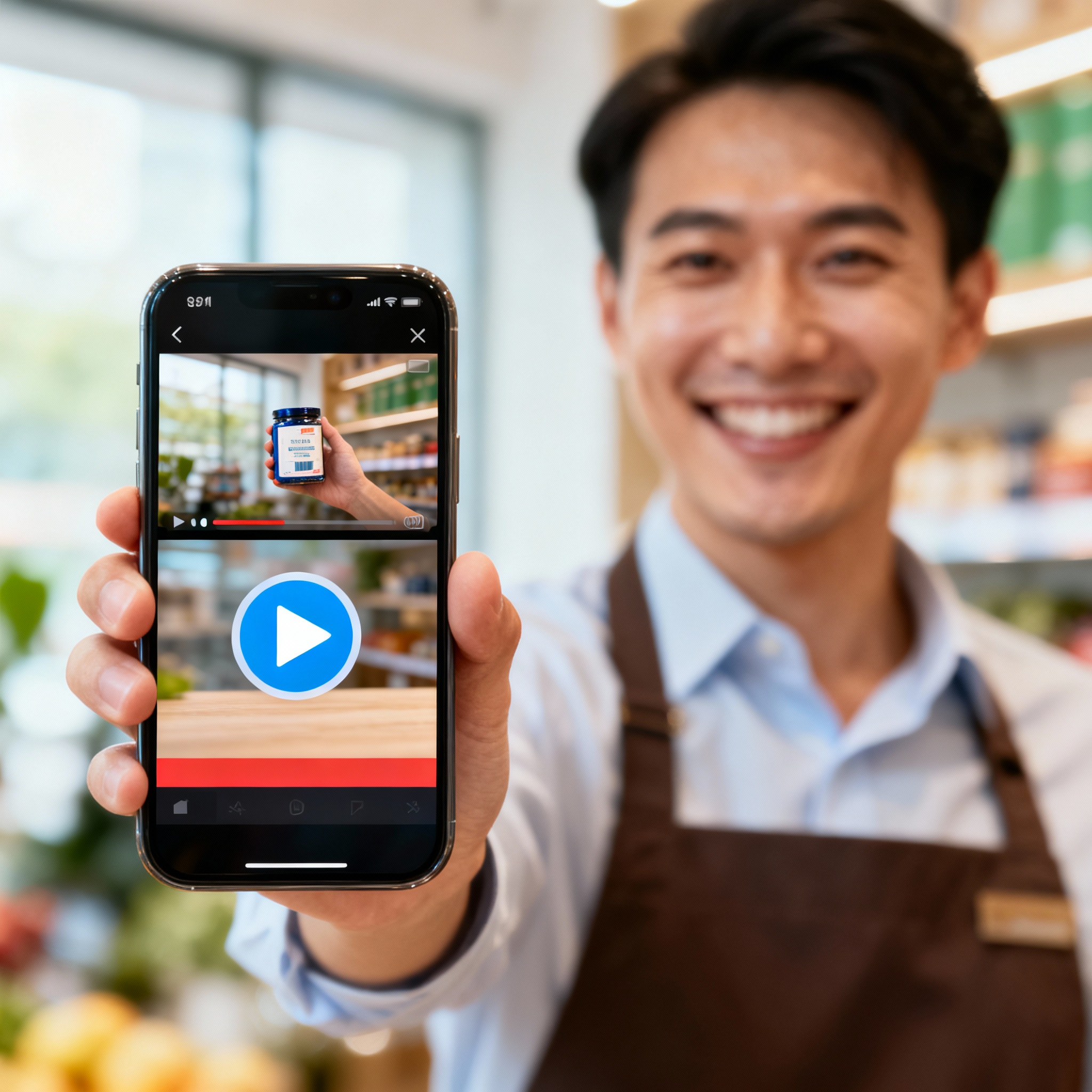 Business owner reviewing short-form videos on a smartphone, bright modern background, happy expression, no text, no numbers 