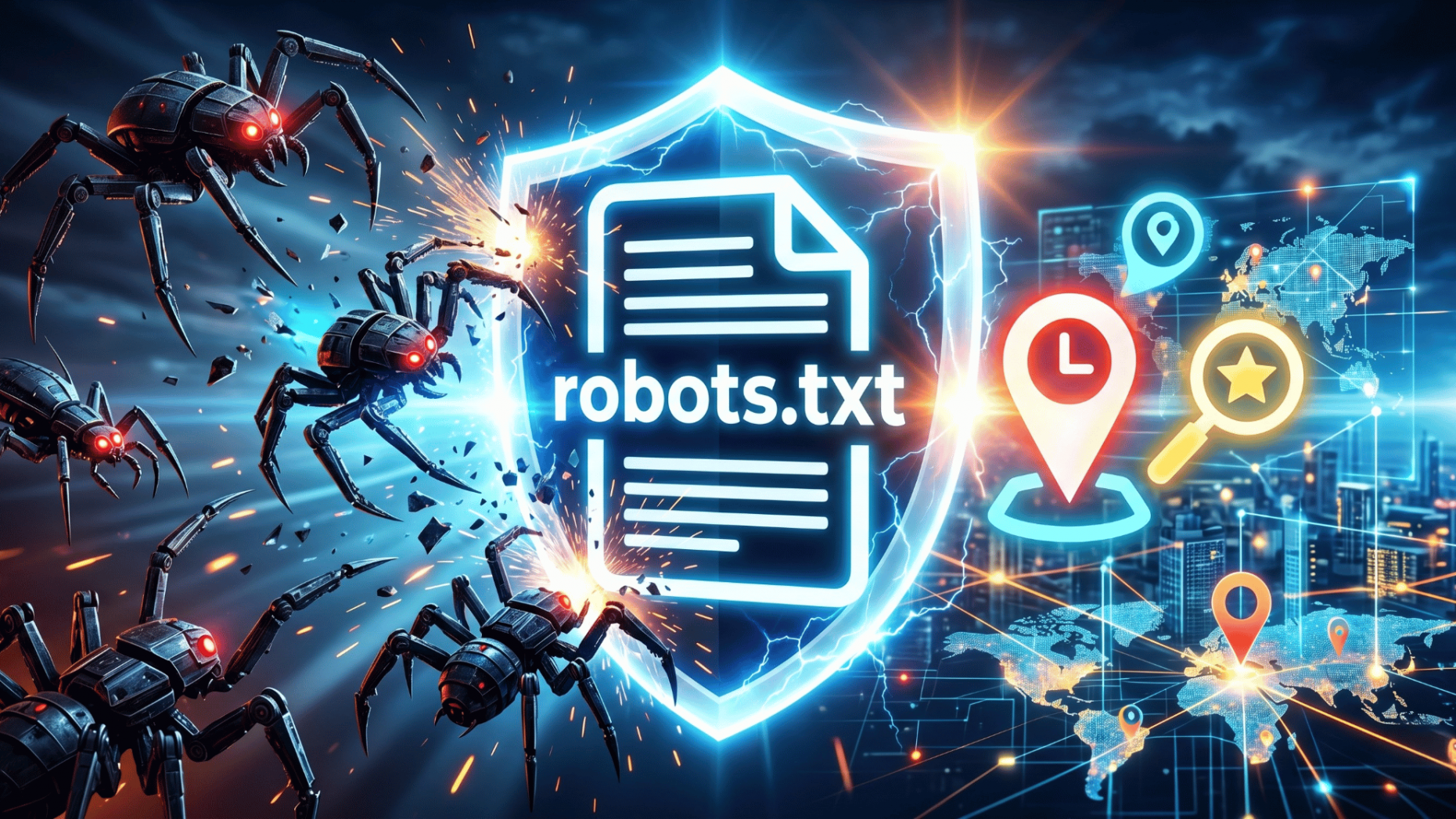 A digital shield labeled robots.txt blocking mechanical scrapers while letting local search bots pass.