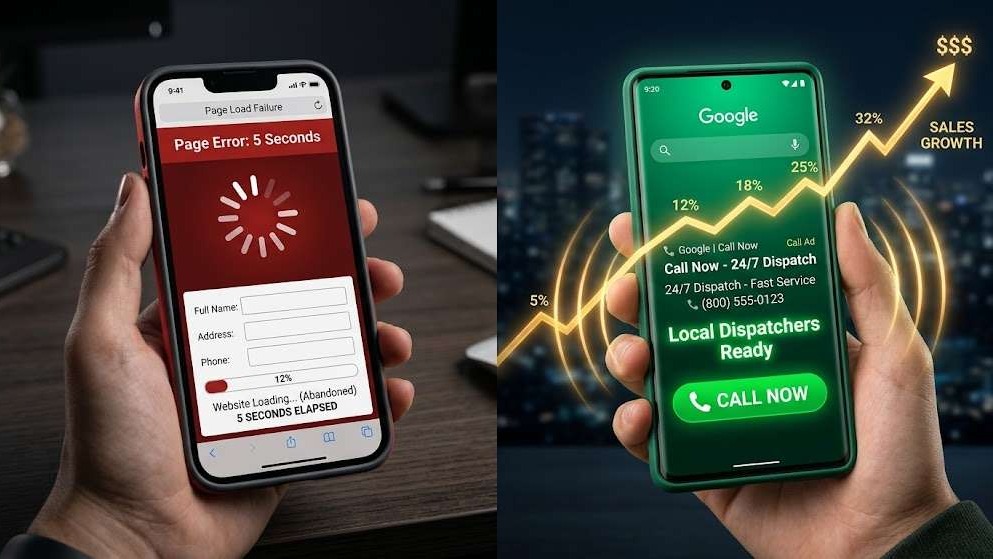 High-converting Google Call-Only ad outperforming a slow mobile landing page for emergency contractor leads.