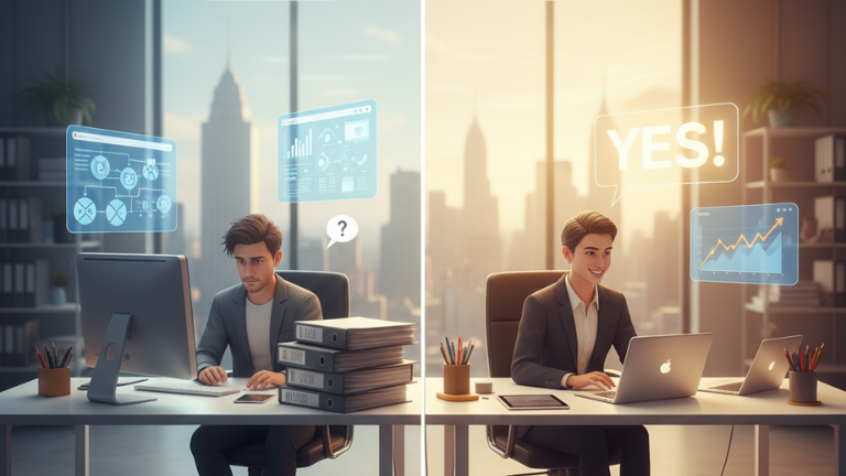 A split image showing two desks. The left desk is messy, with a tired-looking person overwhelmed by papers labeled "How-To Guides." The right desk is clean, minimalist, with a focused, successful-looking person using a laptop displaying an analytics chart shooting upward.