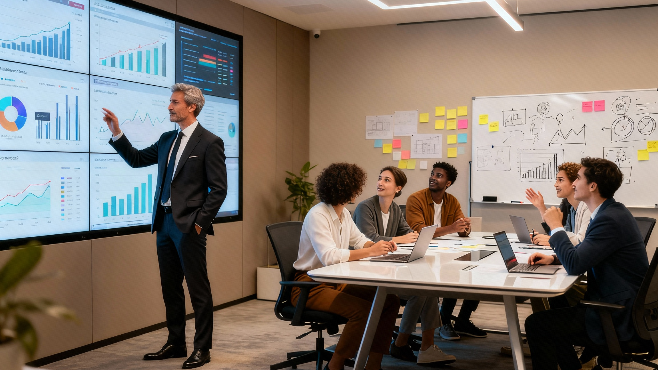 A confident CEO reviewing multi-channel marketing data on screens, diverse team brainstorming;