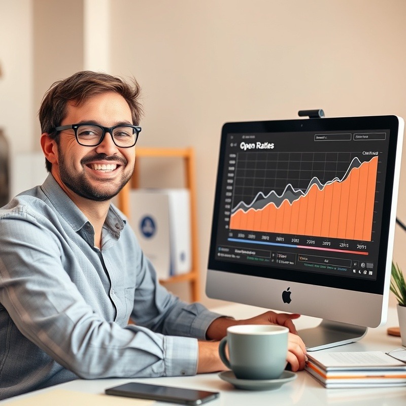 an image of a business owner smiling confidently while working on a computer. The computer screen should display a graph with rising open rates and click rates, indicating successful email campaigns. In the background, include subtle elements like a well-organized desk, a coffee mug, and a few marketing-related books or documents to convey a productive work environment. Use warm, inviting colors to evoke a sense of achievement and satisfaction.