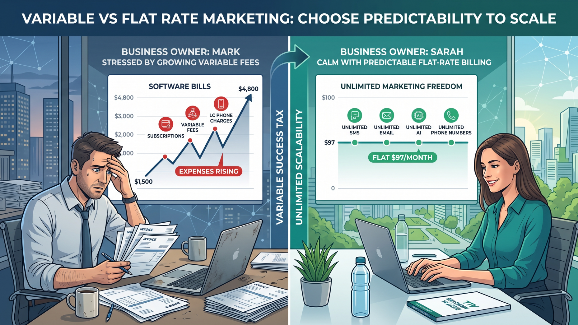 Comparison chart showing variable software billing versus predictable flat-rate marketing costs.