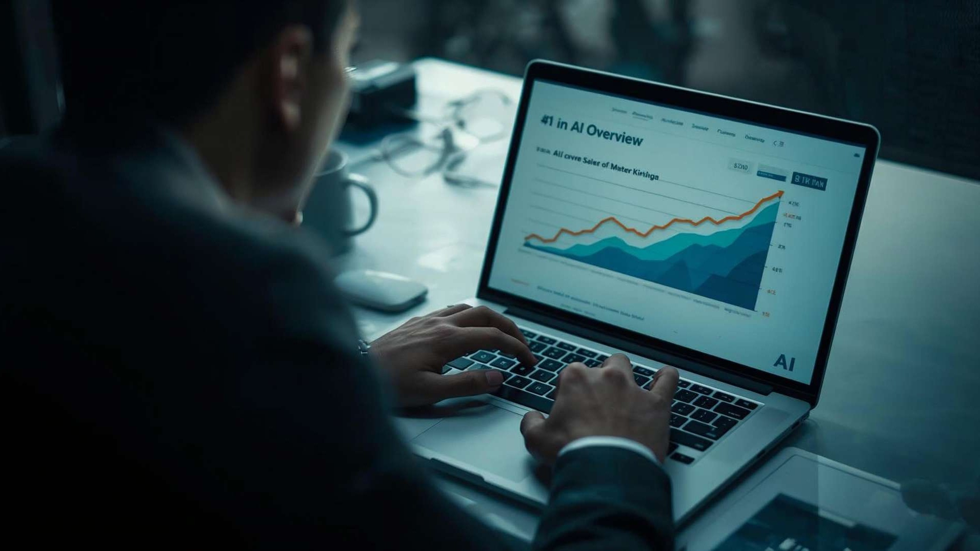 Business owner at desk reviewing AI dashboard on laptop, chart rising in sales labeled #1 in AI Overview, clean style, 16x9, no watermark, no misspelled text, no unrealistic numbers, natural hand pose
