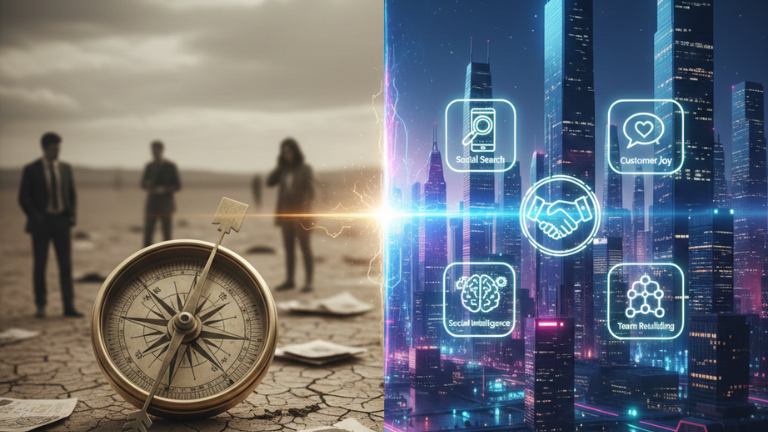 Dramatic split image illustrating the shift from outdated to modern marketing strategy. The left side, in sepia tones, shows business people lost in a cracked, dry landscape with a broken compass, symbolizing old, ineffective marketing. The right side is a vibrant, neon-lit cityscape representing the digital future, featuring four glowing, easily recognizable icons for key 2026 CMO priorities: Social Search, Customer Joy, Social Intelligence, and Team Rebuilding.