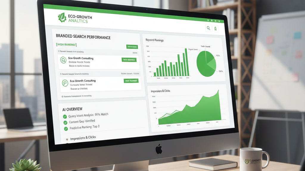 Branded search results dashboard with high rankings, AI overview highlights,
