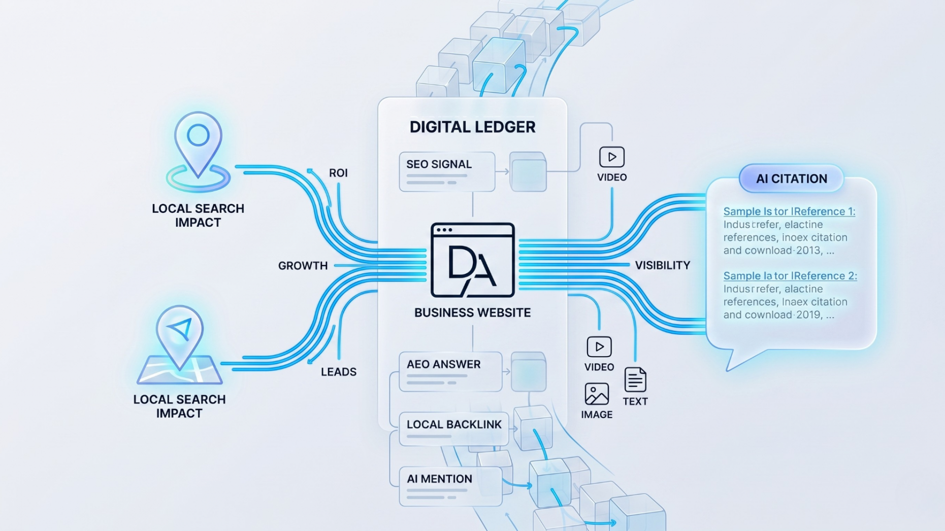 Minimalist corporate infographic showing the connection between website backlinks, local map packs, and AI engine search citations.