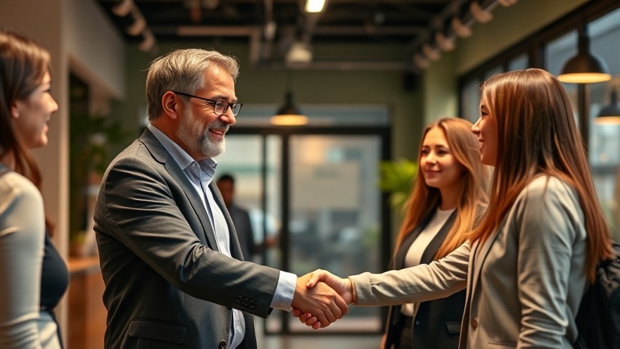 Business owner shaking hands with new hires in a warm, welcoming environment.