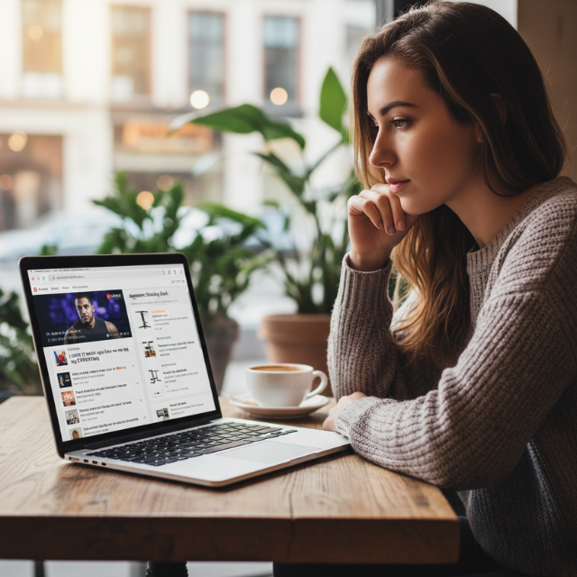 woman thinking as she looks at a computer 