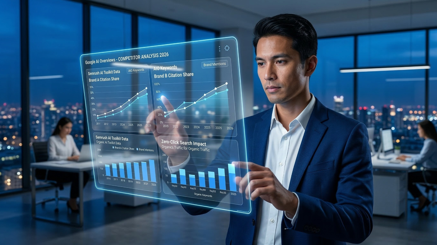 features a professional digital marketer in a modern office, focused on a futuristic holographic interface. This interface visualizes 'Google AI Overviews - COMPETITOR ANALYSIS 2026', showcasing graphs that track citation shares, keyword data, and visibility gaps between brands.