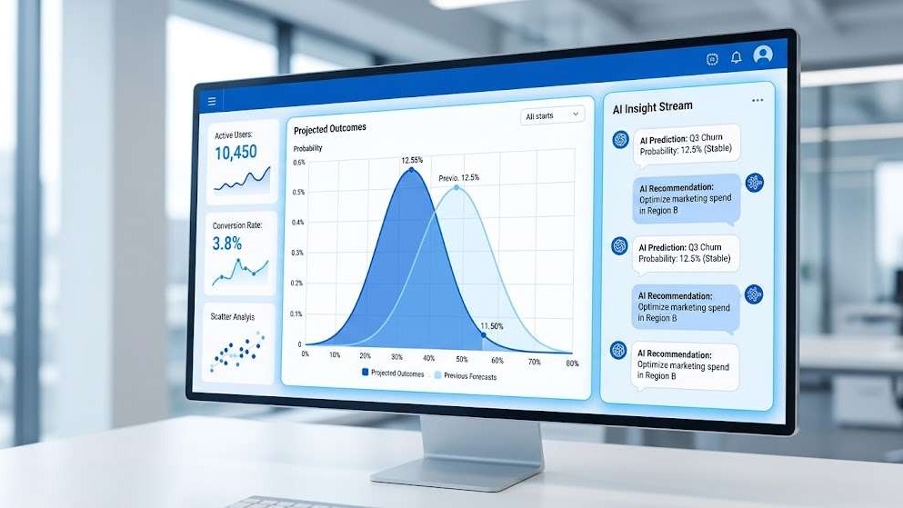 Modern data dashboard showing AI share of voice and probability metrics.