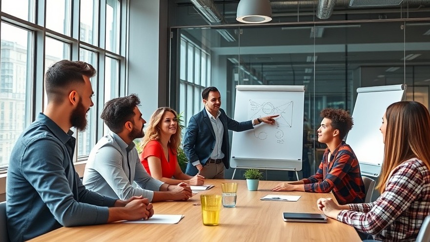 Diverse team collaborating in modern office, leader guiding with whiteboard.