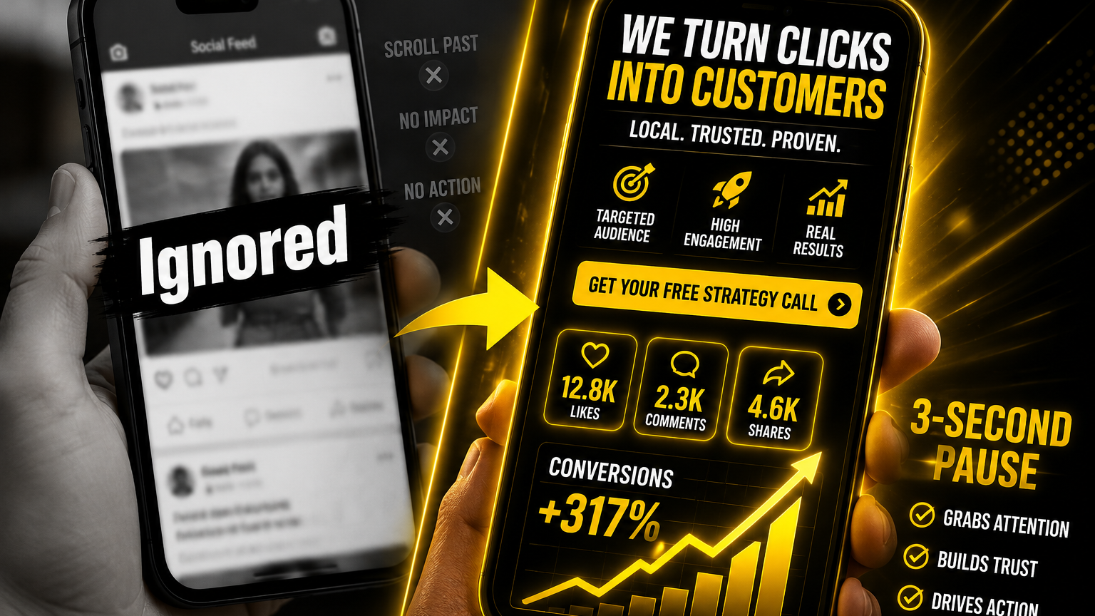 High contrast split screen showing an ignored social feed versus an optimized feed utilizing visual hierarchy to stop user scrolling.