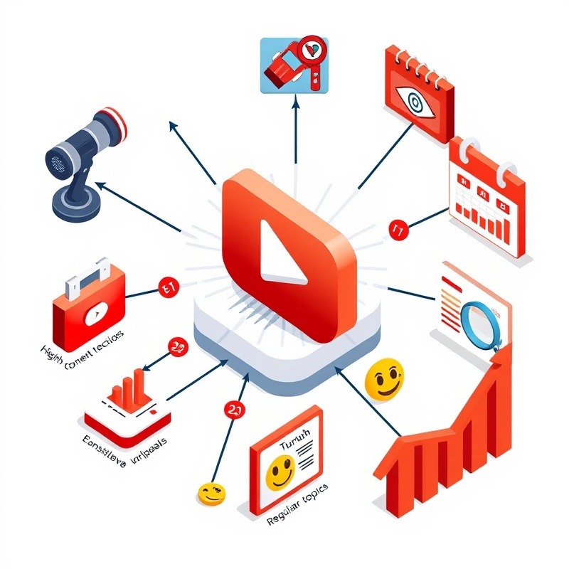 A vibrant, isometric illustration representing YouTube growth strategies. Central focus is a stylized YouTube play button icon, pulsing with energy. Surrounding it are interconnected elements: A camera and microphone, representing high-quality content creation A simplified assembly line, showing streamlined production process A network of smaller channels connecting, illustrating collaboration A calendar with consistent markings, depicting regular uploads A magnifying glass over trending topics An eye-catching thumbnail with bold text A graph with an upward trend, showing channel growth Emoji reactions and comment bubbles, representing engagement Use a bright, energetic color palette with red, white, and black accents echoing YouTube's branding. Include small animated elements to suggest the dynamic nature of content creation and channel growth.