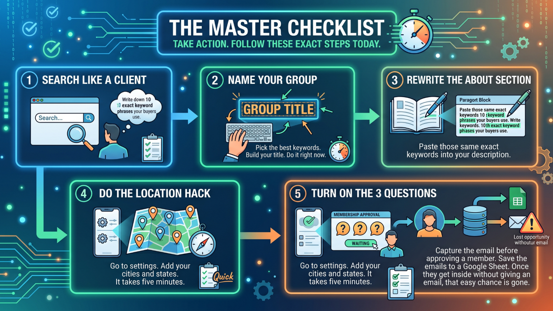 The Master Checklist (Save This Now) Do not just read this. Take action. Follow these exact steps today. Search like a client. Go to the search bar. Write down 10 exact keyword phrases your buyers use. Name your group. Pick the best keywords. Build your title. Do it right now. Rewrite the About section. Paste those same exact keywords into your description. Do the location hack. Go to settings. Add your cities and states. It takes five minutes. Turn on the 3 questions. Never approve a member without trying to capture the email first. Save the emails to a Google Sheet. Once they get inside without giving an email, that easy chance is gone.