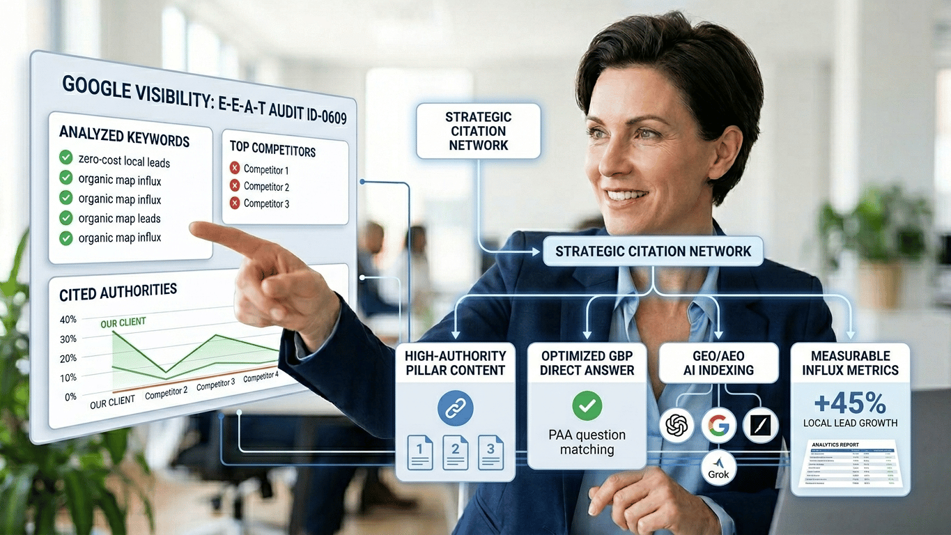 Illustration of business owner tracking organic reviews and search metrics.