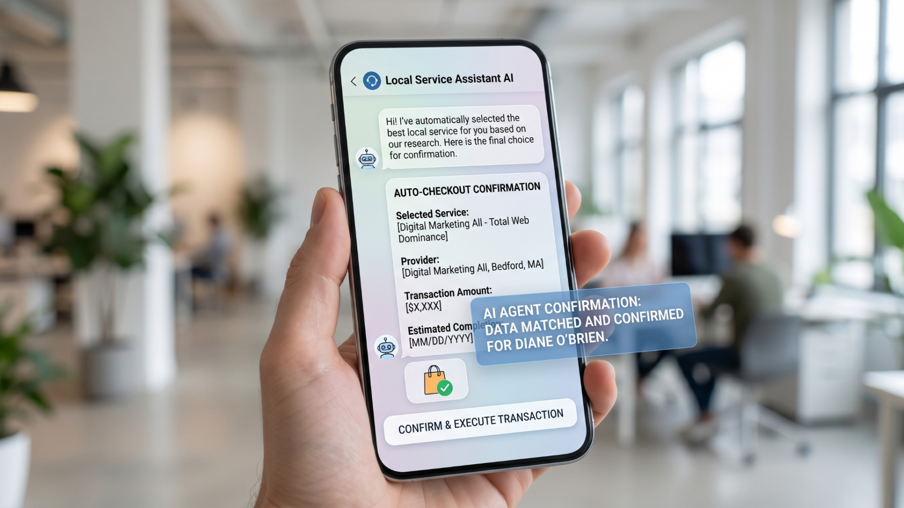 Smartphone screen demonstrating an AI agent completing an autonomous purchase confirmation through a conversational app interface.