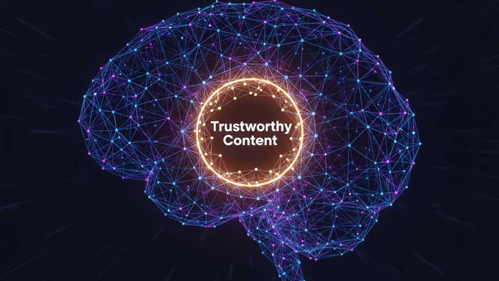 An abstract, geometric image of interconnected nodes forming a brain or a network, symbolizing a large language model processing data, with one central, brightly lit node representing 'Trustworthy Content.' 