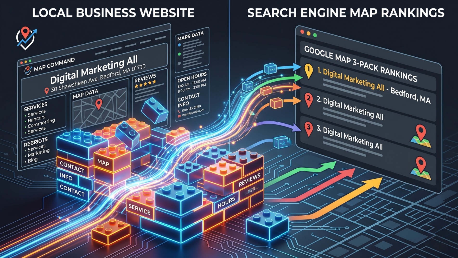 Technical illustration showing data modules transferring from a local business website directly into search engine map rankings.