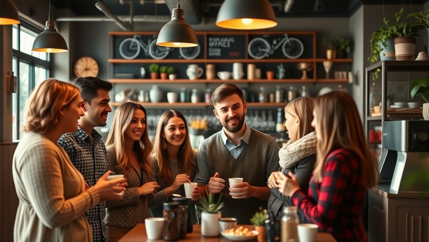 Happy customers engaging with a small business owner in a cozy coffee shop