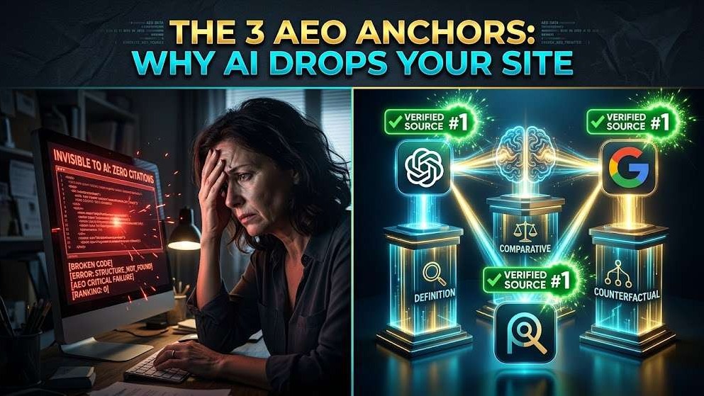3D concept showing the three core AEO anchors transforming an invisible website into a top-cited AI source.