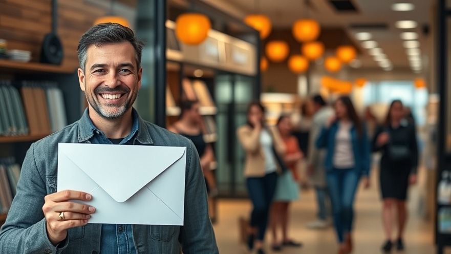 Smiling business owner with mail piece attracting happy customers to store.