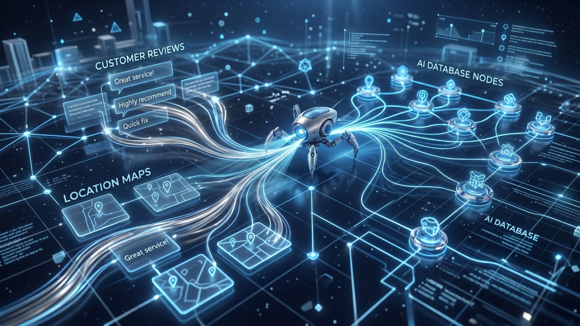Abstract visualization of AI search engines scanning and processing local online reviews.