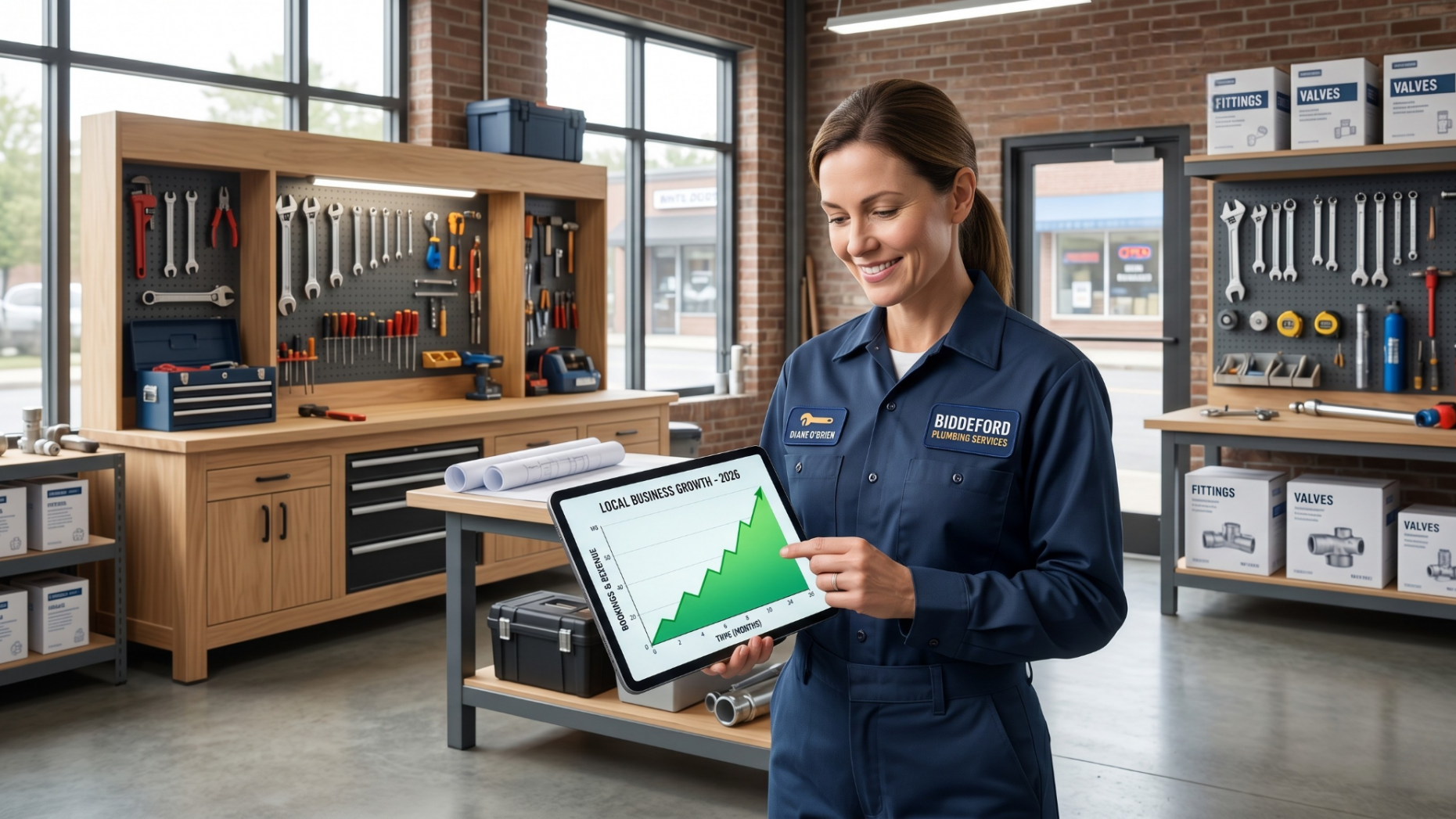 A smiling local plumber reviewing successful business growth metrics on a digital tablet.