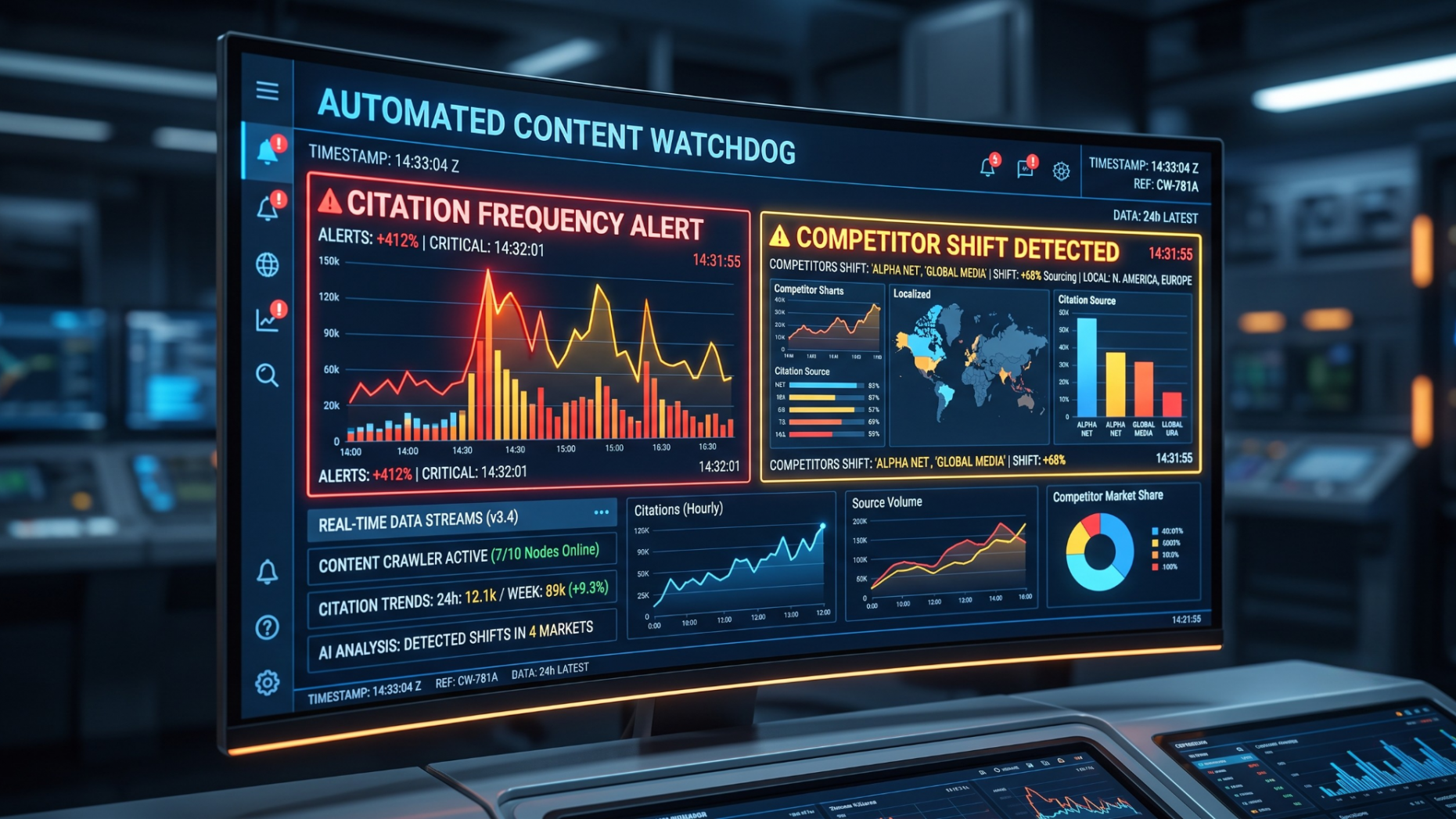 Real-time software dashboard monitoring citation frequency drops and automated content optimization updates.
