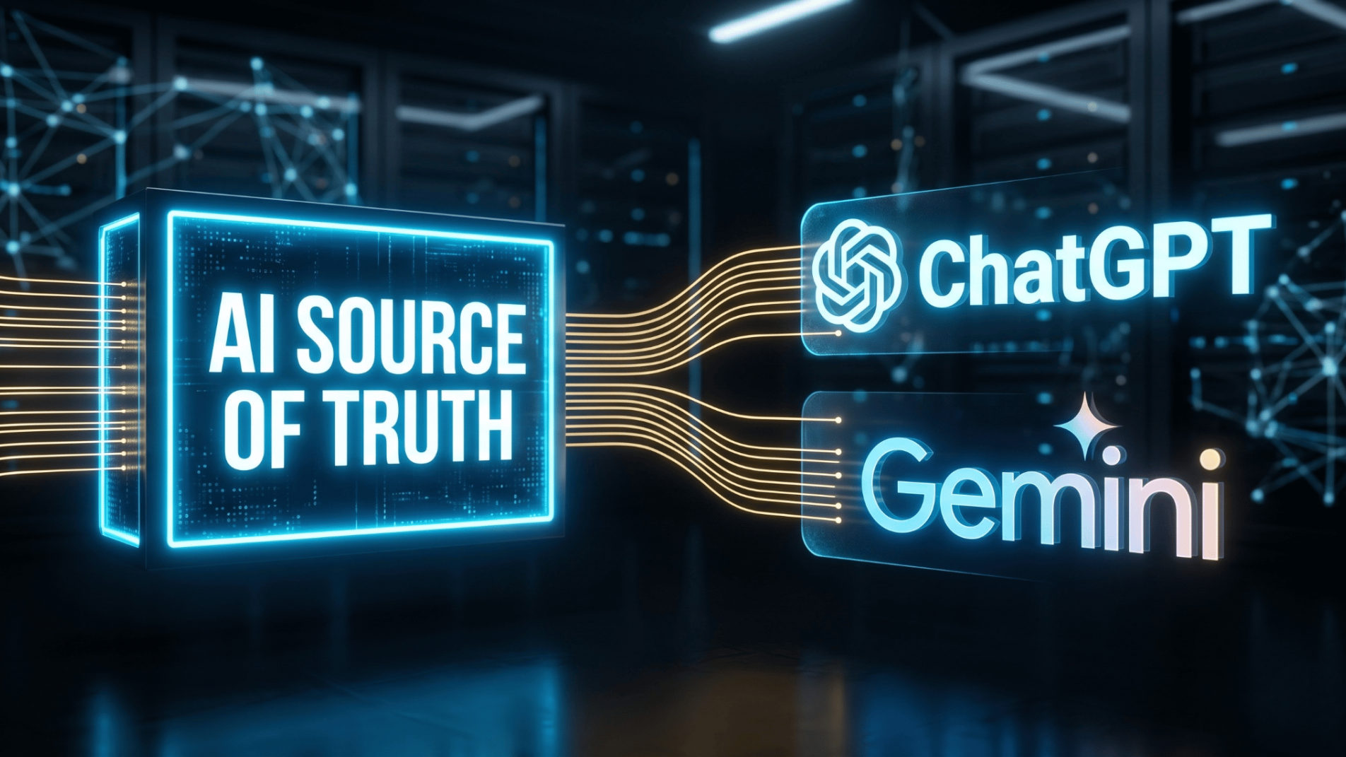 Graphic representation of an AI Source of Truth repository feeding structured corporate data directly into major AI engines.