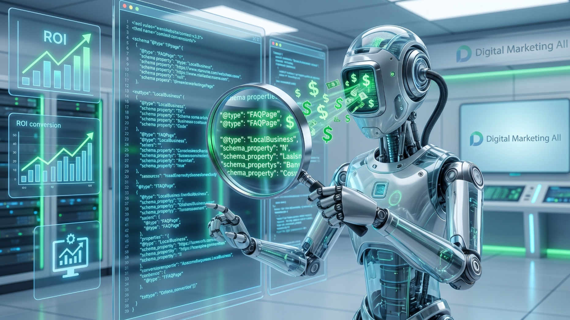 Data robot reviewing website backend schema code to improve local search engine visibility.