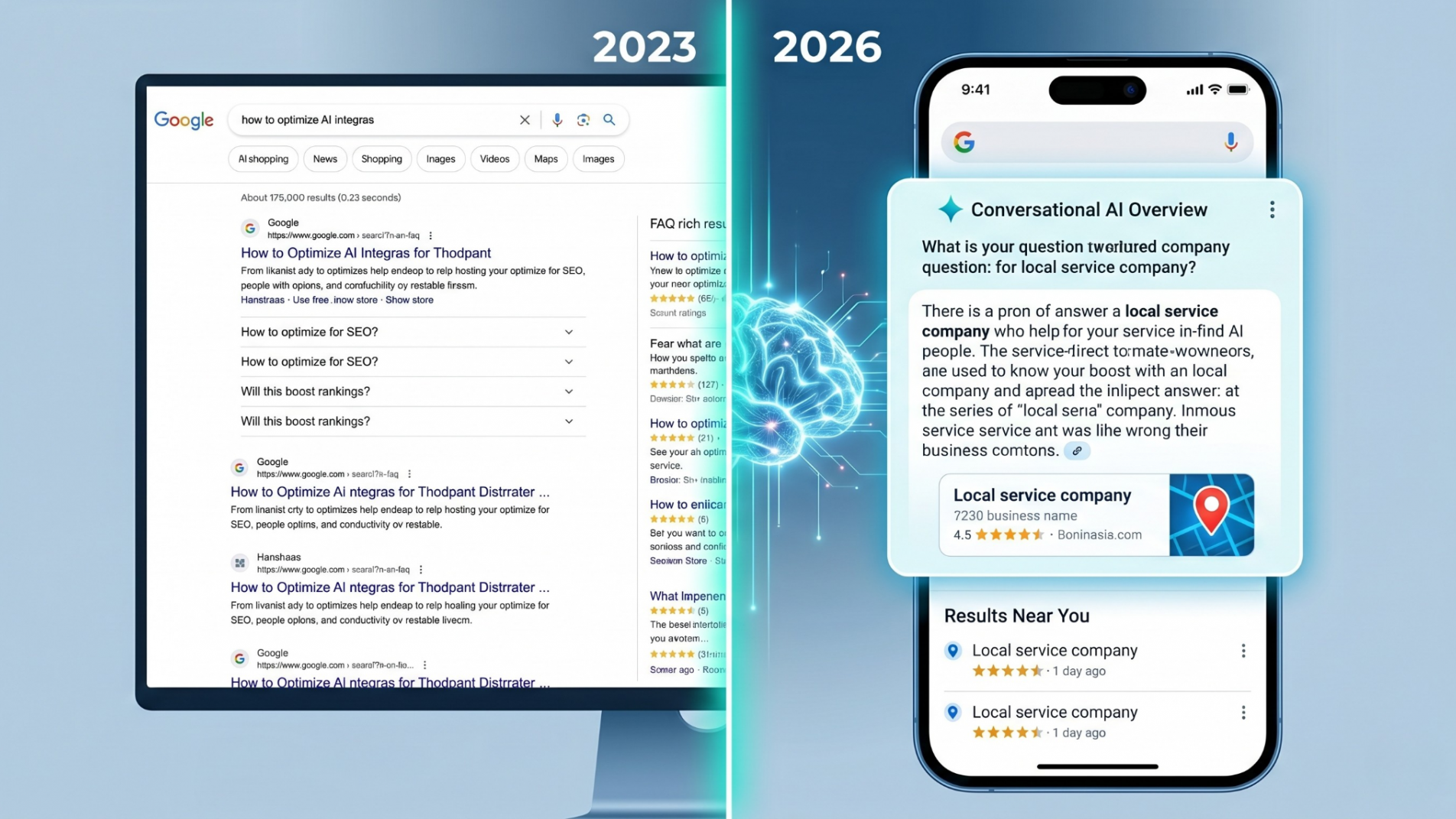 Comparison between old cluttered desktop search engine results and a modern 2026 mobile AI Overview citation.