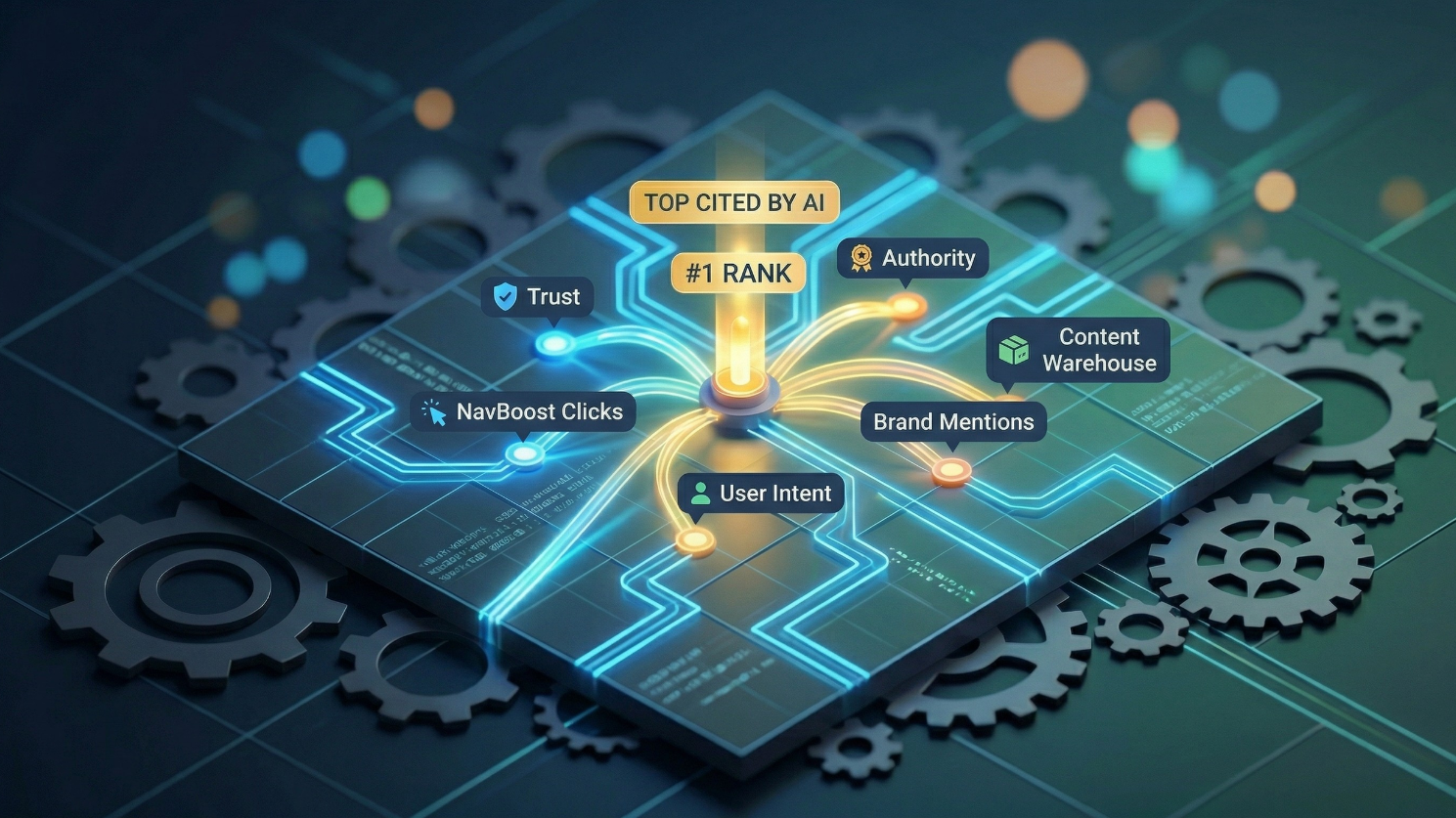 the essence of the complex digital search architecture required by the prompt, featuring a central ranking beacon that unifies the visual language of the campaign