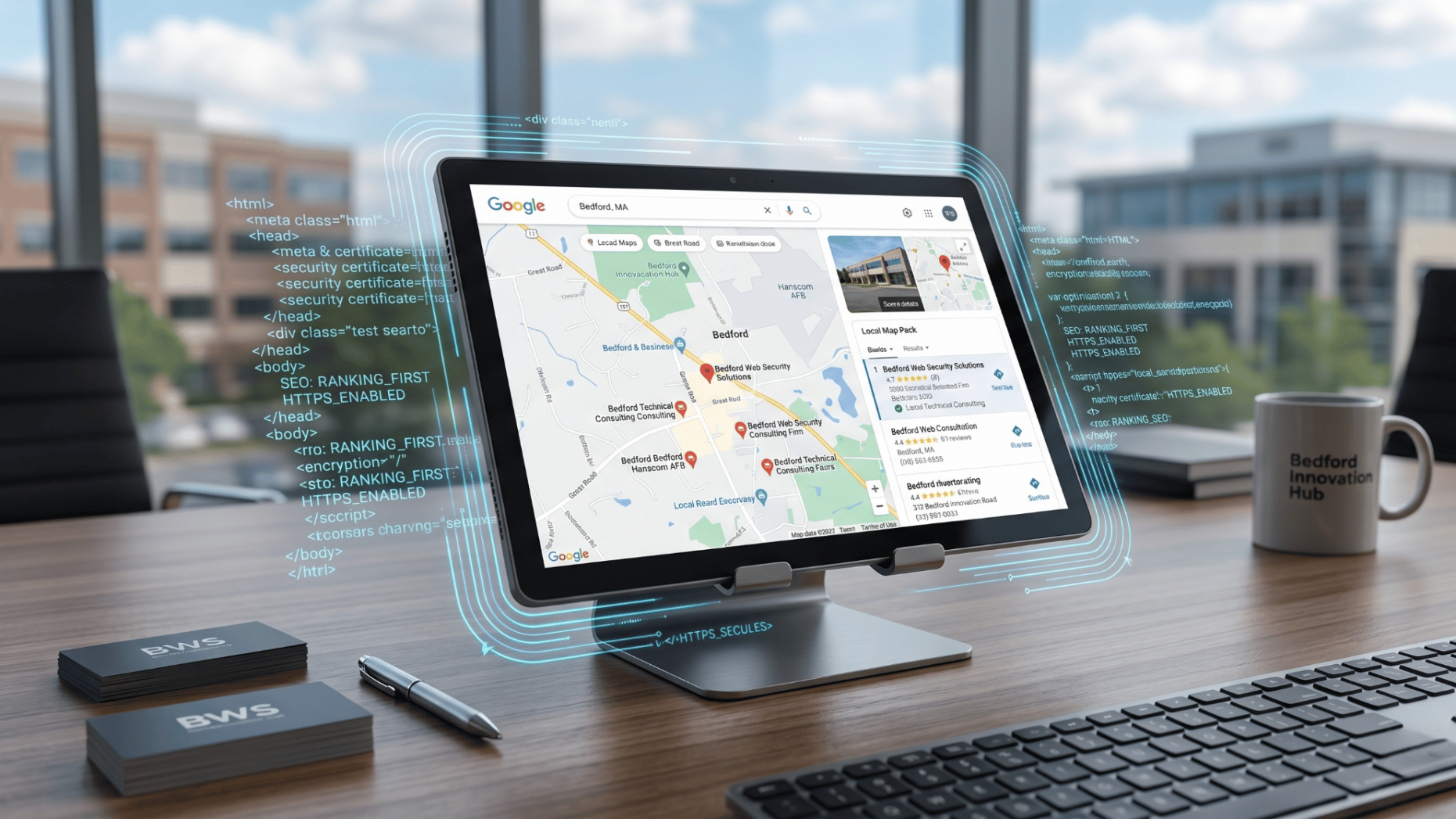 A business tablet displaying top local map pack rankings through optimized website code.