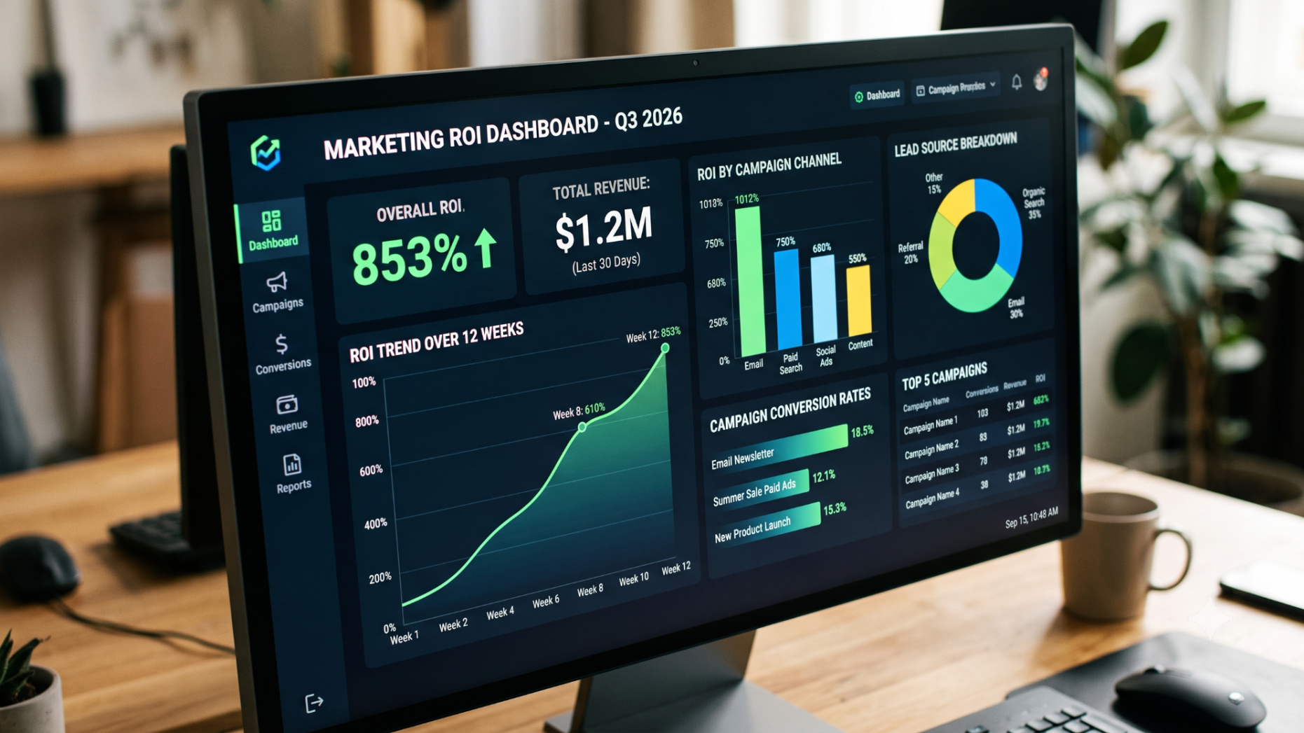 A computer screen showing a marketing analytics dashboard with high ROI.