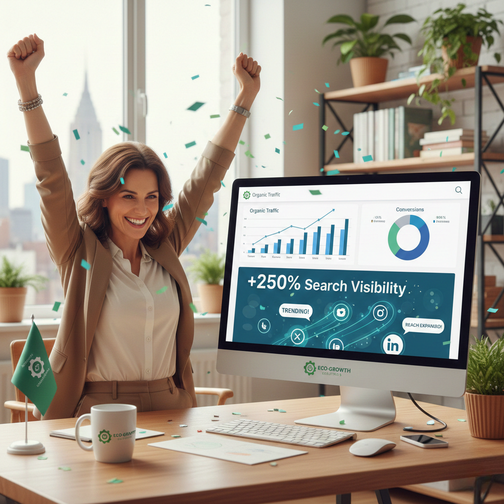 Small business owner celebrating search engine success