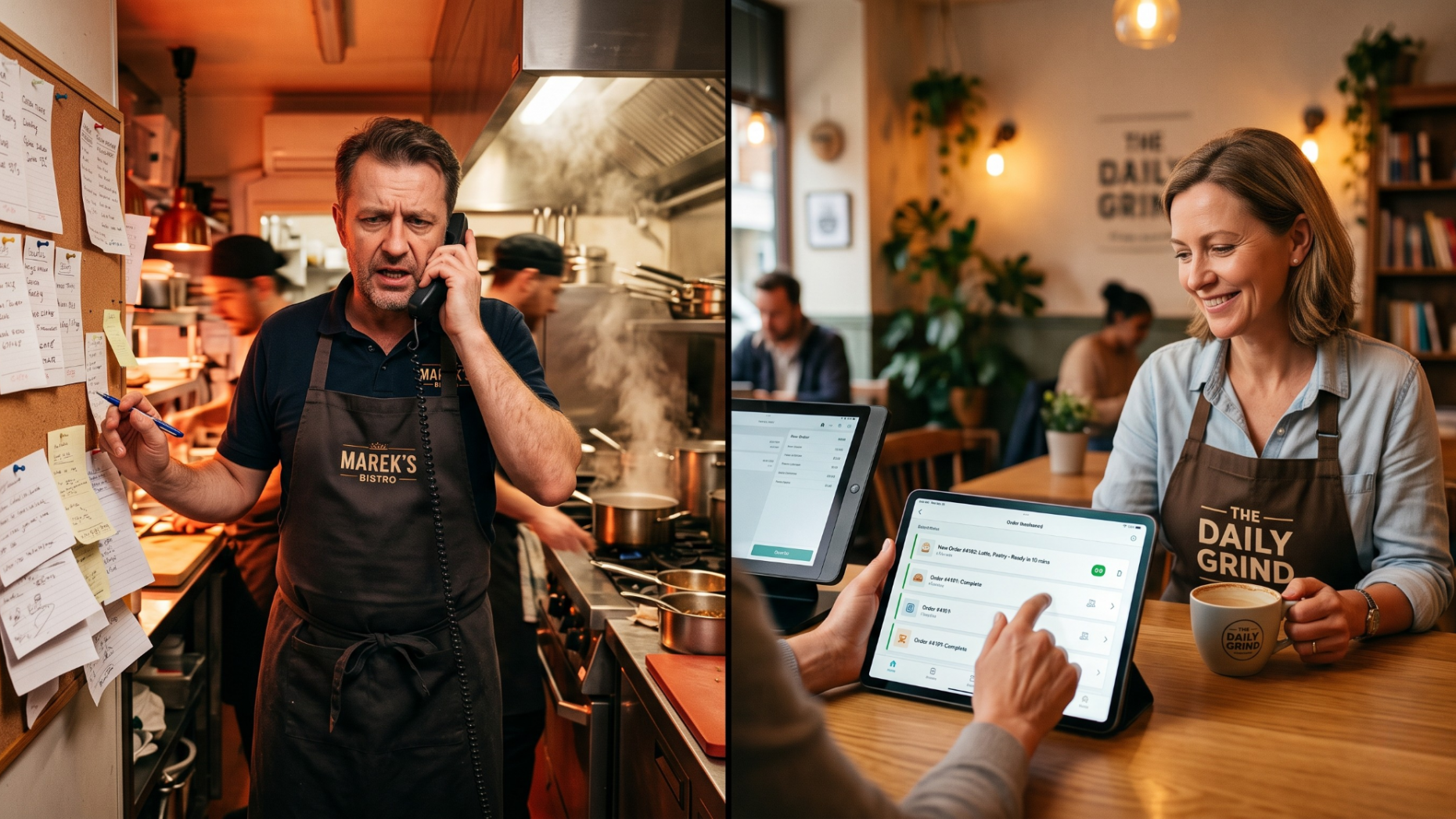 Comparison of a stressed business owner on the phone versus a modern owner receiving automated online orders.