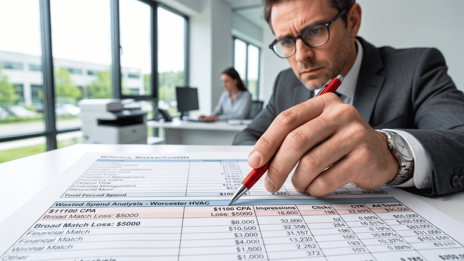 Close up of an optimization audit on a financial marketing spreadsheet.