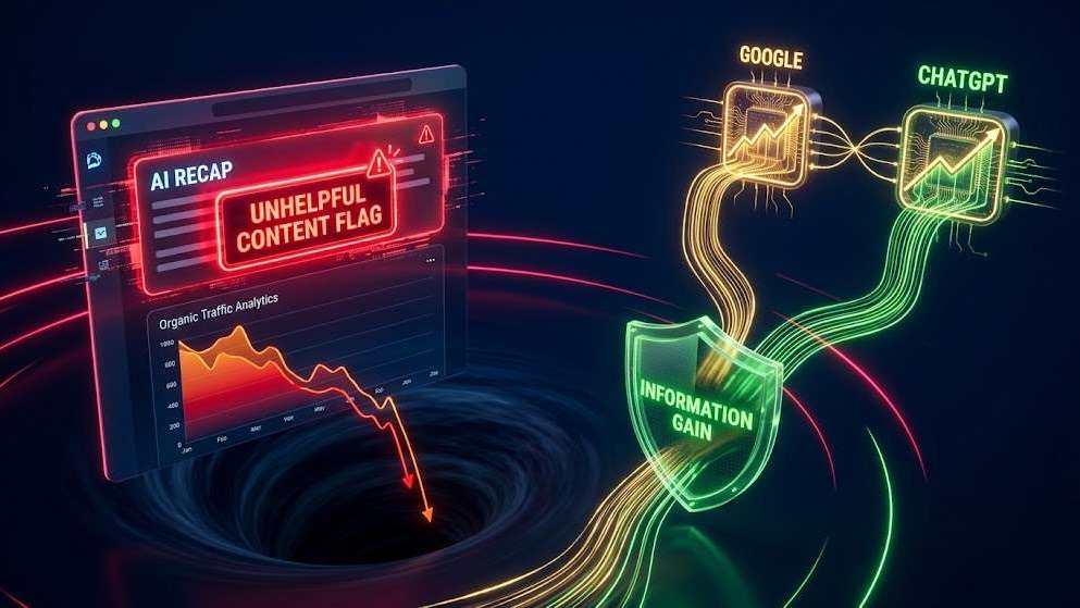 3D commercial graphic illustrating how generic AI summary boxes trigger Google unhelpful content classifiers and drop organic traffic.