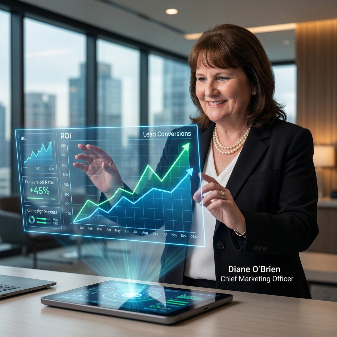 Chief Marketing Officer Diane O'Brien analyzing digital marketing ROI data.