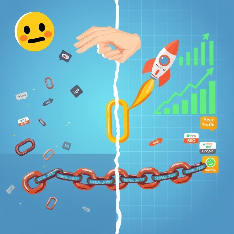 Create a split-screen digital illustration representing the concept of broken link building for SEO: Left side: A broken chain with several rusty, disconnected links scattered around Faded, greyed-out website icons floating in the background A sad face emoji to represent poor website performance Right side: A strong, glowing chain made of various website icons linked together A magnifying glass hovering over the chain, highlighting one of the links Green upward arrows and a bar graph showing increasing metrics A rocket icon shooting upwards, leaving a trail of keywords like "SEO", "Traffic", and "Rankings" Central element: A large hand reaching from the left side to the right, repairing the broken chain The hand holds a golden link labeled "Your Content" Style: Use a modern, flat design with a color scheme of blue, green, and orange Include subtle grid lines in the background to give a tech/data feel Use crisp, clean lines and easily readable text for labels This image should convey the transformation from broken, ineffective links to a strong network of valuable connections, emphasizing the power of strategic link building in boosting SEO performance.